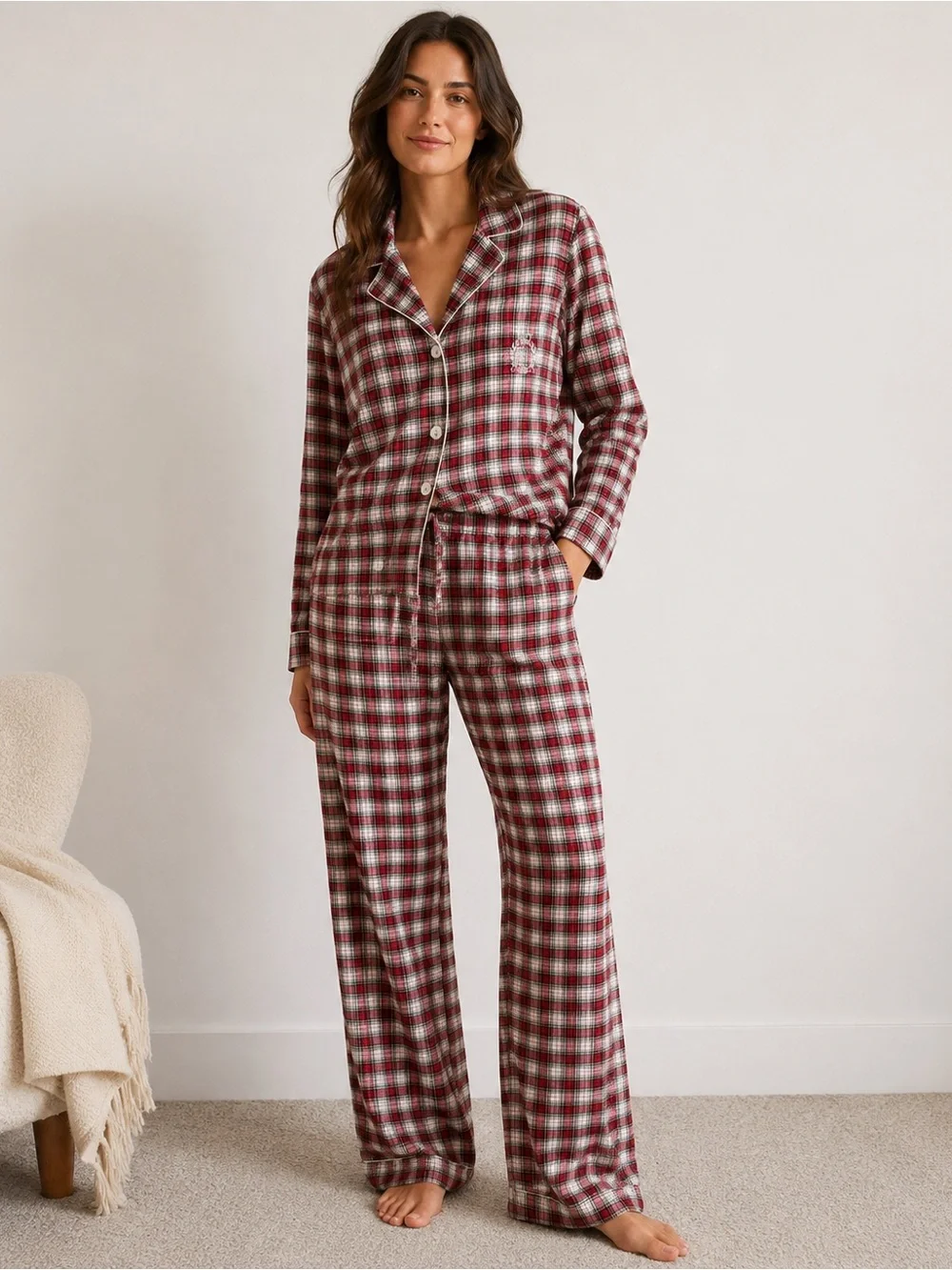 Lauren Ralph Lauren Burgundy and White Plaid Button-Front Pajama Set